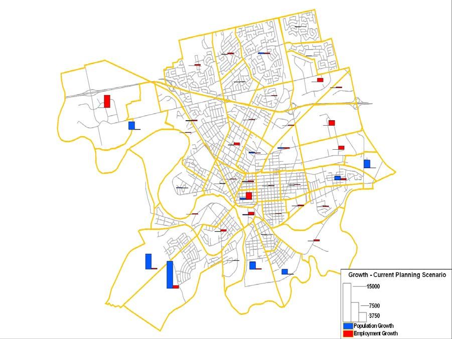 future population and employment is distributed to a series of Traffic Zones across the City, which represent areas or neighbourhoods with similar land uses and physical boundary constraints.