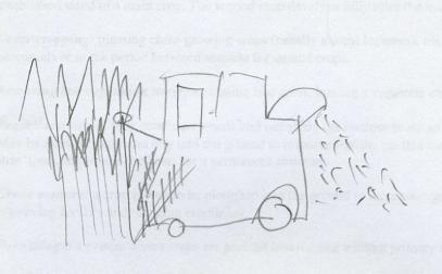 Technical drawing Harvester harvesting cane and depositing trash on surface (Anthony J.
