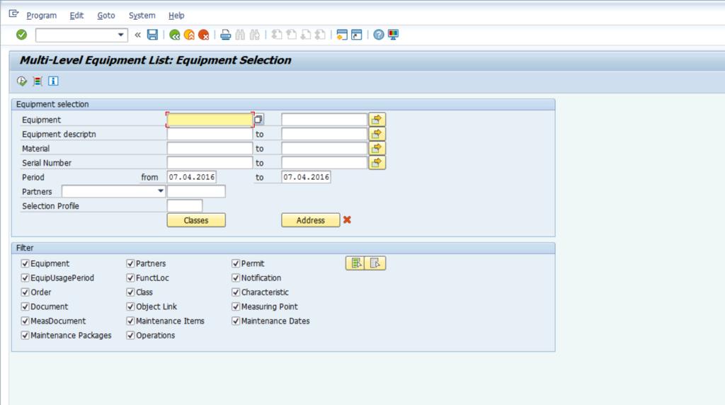 In the Filter section, select the required fields that you want to report on, in relation to Equipment
