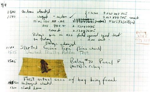 The original Bug!! A log entry from 1947 by Harvard University's Mark II technical team. The entry has a moth taped to the page, time-stamped 15:45.