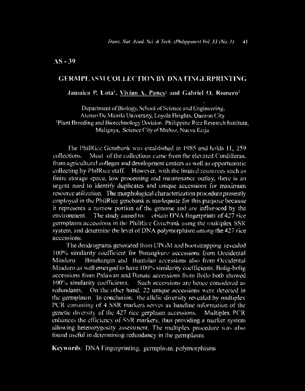 /'rans. Nat..-kud. Sli. & Tech. (Ph1/ipp11u ~) Vol. 33 (No. J) 41 AS-39 Gt: RMPLASM COLLECTION BY DNA FlNGERPRINTTNG.Jamairn P. tota 1 Vivian A. P~mcs!. and Gabriel O.