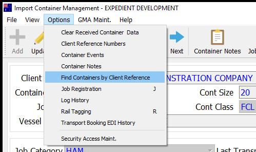 Find Containers by Client Reference This option allows
