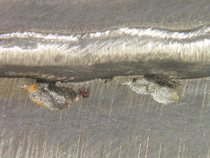 Figure 3a: Root of weld in 27-7Mo plate showing pitting in HAZ (G48C at +70 C for