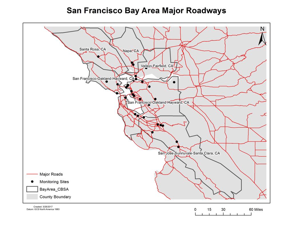 Figure 28. Map of particulate matter sites in the San Francisco Bay Area with nearby roadways.