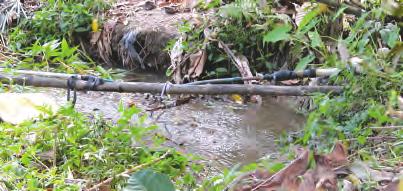 Design Construction O & M Environmental Impact PVC Pipe Hose Iron pipe PVC Pipe Bamboo Taped somehow Different pipe materials and diameters change and are just suspended loosely over the creek PIPE