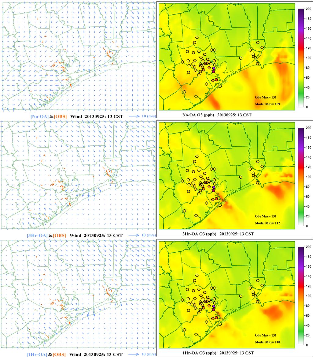 Figure 2. Ozone concentrations (left) and wind plots (right) at 09/25_10 CST for three simulation cases: No-OA (top), 3Hr-OA (middle), and 1Hr-OA (bottom).