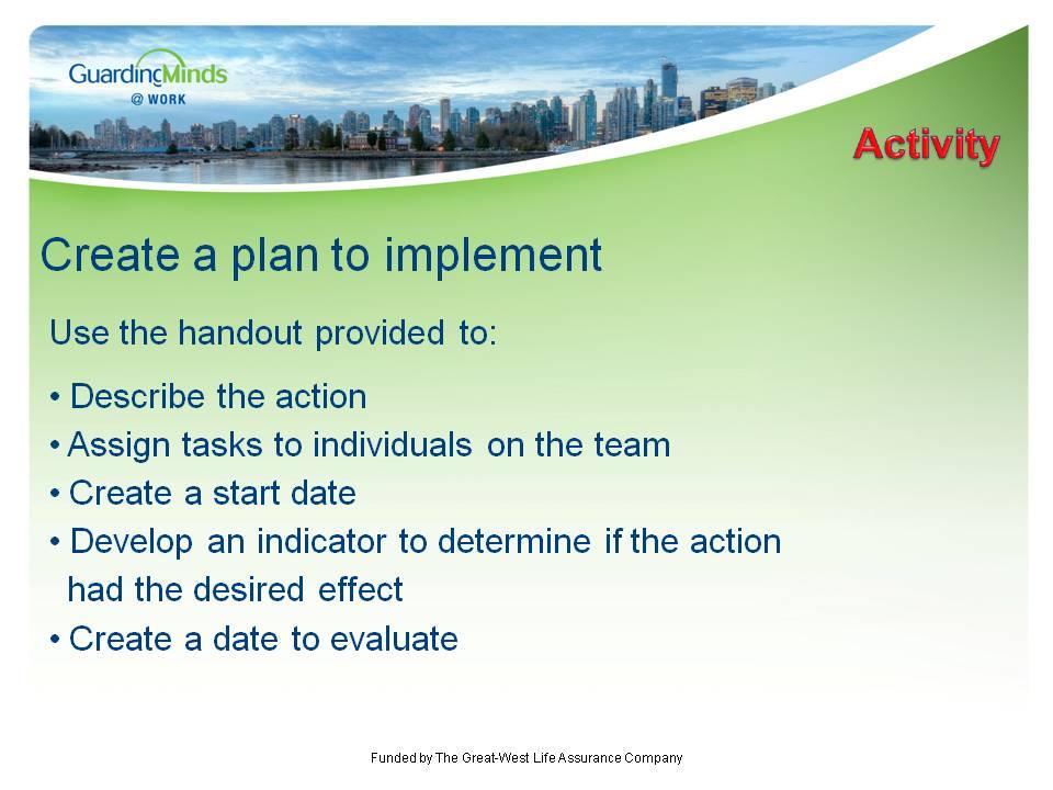 Civility & Respect Slide # 7 Hand out the Action Planning Worksheet to each employee so he or she can follow along. Identify each step required to implement the chosen action(s).