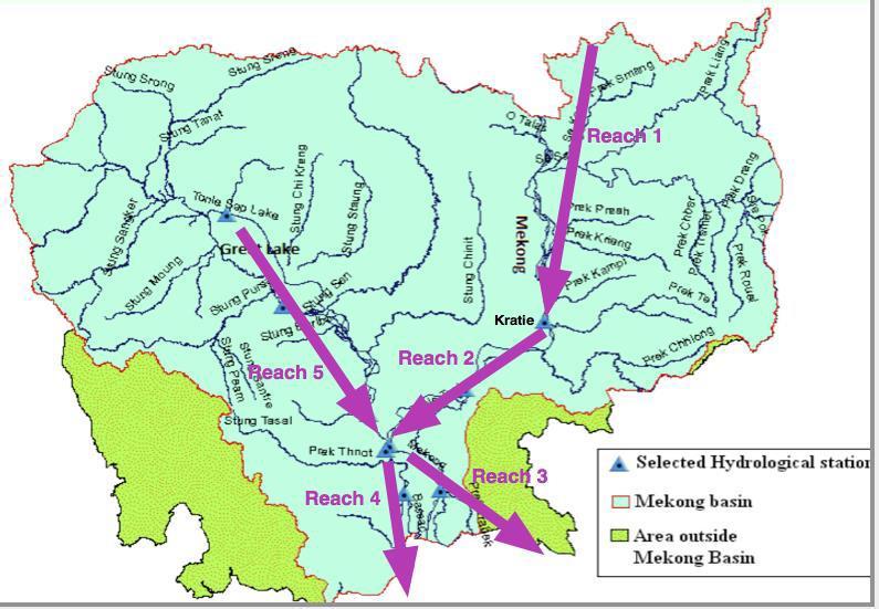 56. The Mekong river can be divided into a number mainstream reaches (Figure 9). Reach 1 is the Mekong river from the Laos-Cambodian border to Kratie town.