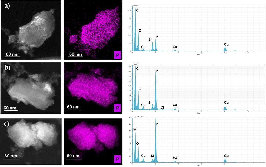 Fig. S7. EDX spectrum images were acquired for 3 different few-layer phosphorene nanosheets of typical size and morphology (a-c).