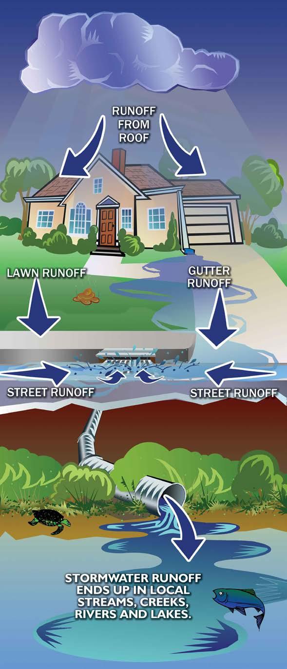 STORMWATER RUNOFF HOW IT WORKS HOW IT WORKS 1. First, the rain hits the house. Then it runs down the roof, into the gutter, and onto the driveway, sidewalk, and lawn. 2.