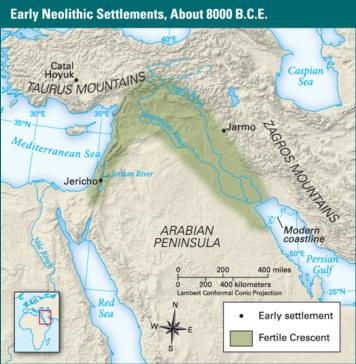The Beginning of Agriculture Many Neolithic settlements were located in the Fertile Crescent, where the land was fertile. Here, people built towns such as Jericho, Catal Hoyuk, and Jarmo.