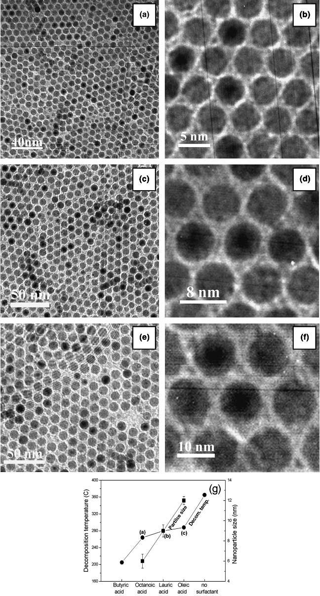 FIG. 3. TEM micrographs of -Fe 2 O 3 nanocrystals coated with (a,b) octanoic acid, (c,d) lauric acid, and (e,f) oleic acid.