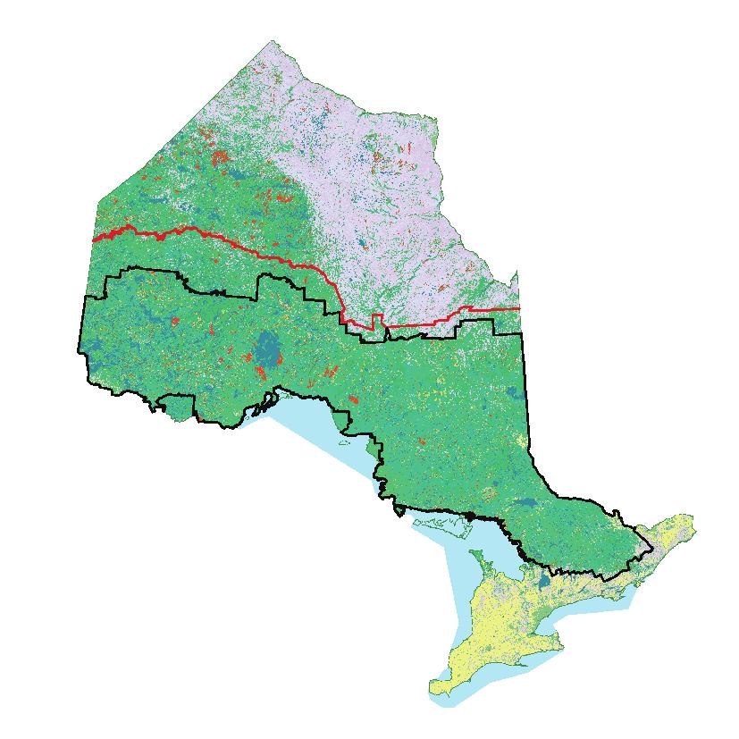 }Managed forest area Figure 2. The managed forest area used in carbon calculations excludes southern Ontario and most of the Far North, but includes the measured fire management zone (red line).