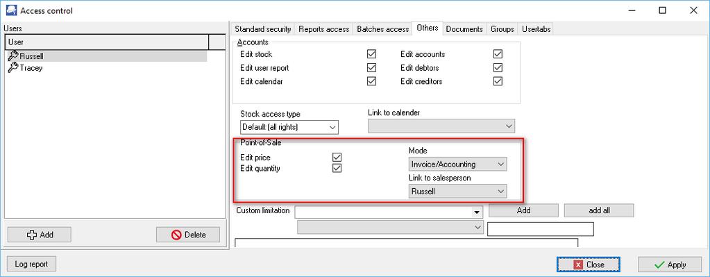 Access Control Specific Point-of-Sale Settings Access Control Specific Point-of-Sale Settings In addition to the Access control settings, the following Point-of-Sale settings on the Others tab, may