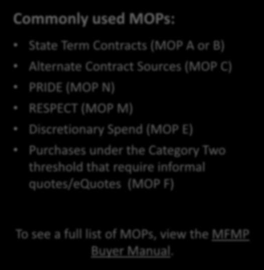 Method of Procurement Commonly used MOPs: State Term Contracts (MOP A or B) Alternate Contract Sources (MOP C) PRIDE (MOP N) RESPECT (MOP M) Discretionary