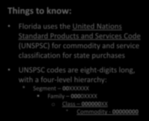 Commodity Codes Things to know: Florida uses the United Nations Standard Products and Services Code (UNSPSC) for commodity and service classification for state purchases UNSPSC codes are eight-digits