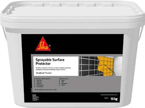SikaBond Protect Sprayable surface protector which provides a temporary, weather resistant and peelable protective coating for non-porous substrates.