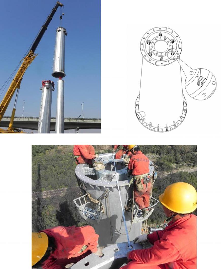 Figure 4: CFDST transmission line tower pole under construction in China (Li et al. 2012) Figure 4 shows a recent CFDST application in China, using an inner tapered tube (1.