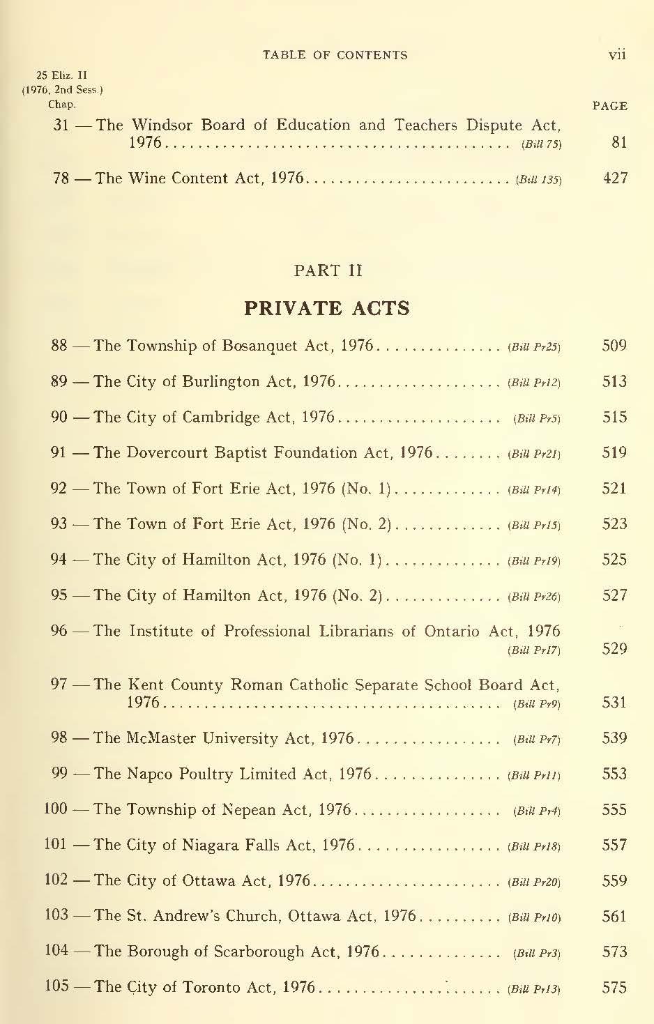 25 Eliz. II vii 31 - The Windsor Board of Education and Teachers Dispute Act, 1976.......................................... (Bill 75) 81 78 - The Wine Content Act, 1976.