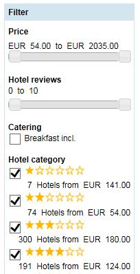 Recommended hotels or bestseller - Hotel category - Hotel name - Hotels near