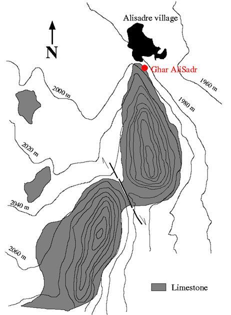 Figure 3-8 Topographic map of the Alisadr Ridge showing limestone outcrop and a large Shear zone.