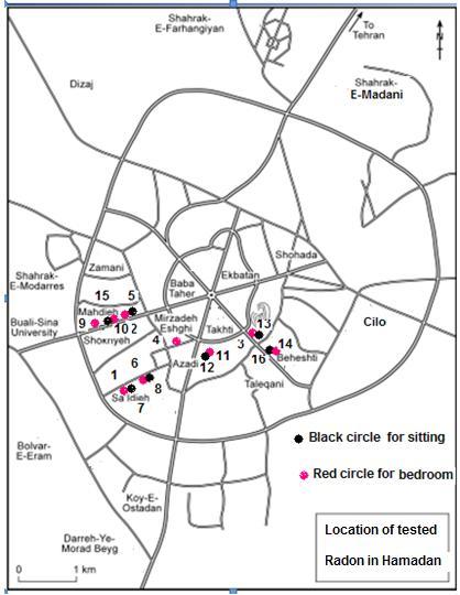 Figure 4-1 Map of location of the Hamadan houses where radon measurements were made in the autumn.