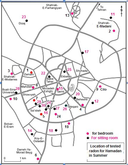 Figure 4-15 Map showing areas in Hamadan measured for radon concentrations during summer period. Red colour used for bedrooms and black colour for sitting room. 4.2.11.