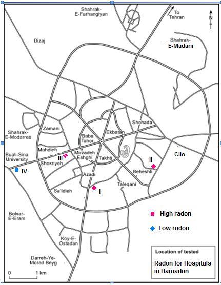 Figure 4-22 Location of hospitals tested for radon in Hamadan, red colour for