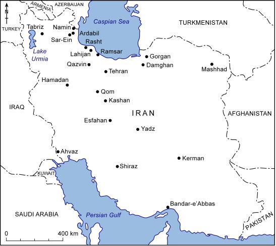 Figure 5-1 Map of Iran showing locations of Lahijan, Ardabil, Sar-Ein and Namin The mean radon levels in houses in this study are somewhat lower than those present in the aforementioned cities: with