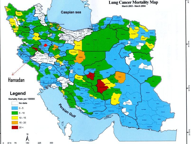 Figure 1-1 Mortality rates of Lung Cancer in Iran and the province of Hamadan (blue colour). (Source Ministry of Health, Iran, 2003). 1.12.