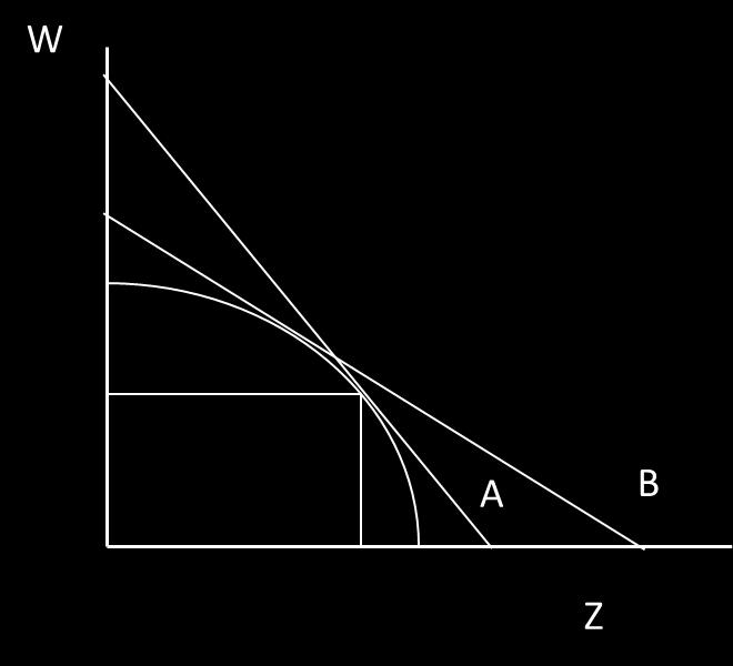 The figure below shows the level of two different outputs (W and Z) that a diversified firm should produce to maximize profits given its production possibility curve and the relative prices of W and