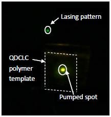 The PL modes observed in the luminescence spectrum below the lasing threshold (Figure 3 (a)) and the lasing modes show that the QDCLC polymer template forms an optical cavity, caused by the