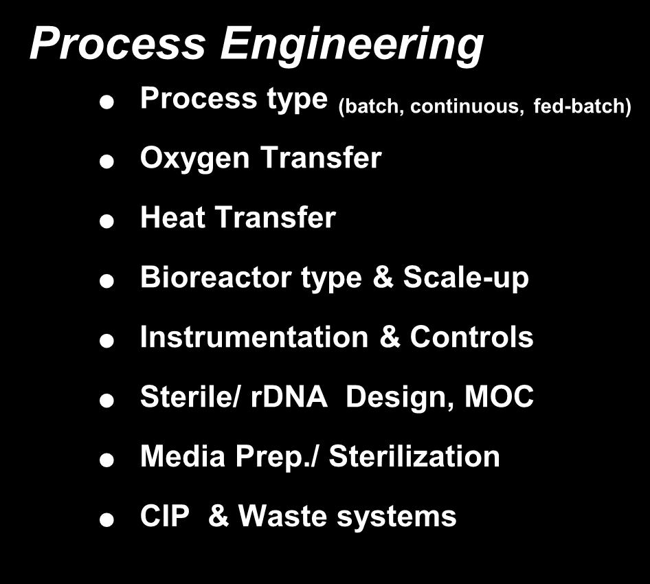 DO 2, CO 2, Pressure Process Engineering Process type (batch, continuous, fed-batch) Oxygen Transfer Heat Transfer