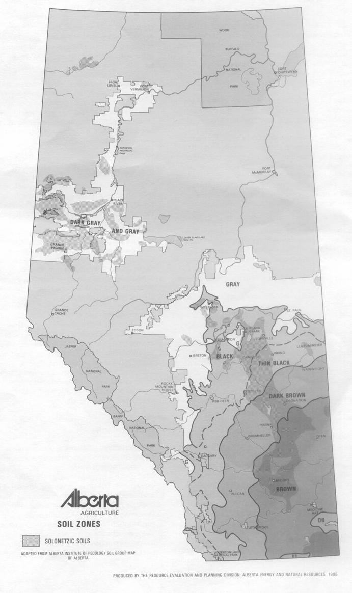 Major soil zones in Alberta are: Brown soils Semi-arid short grass prairie Annual precipitation is 30 cm Dark brown soils Prairie region short grass Annual precipitation is 35 cm Thin black soils