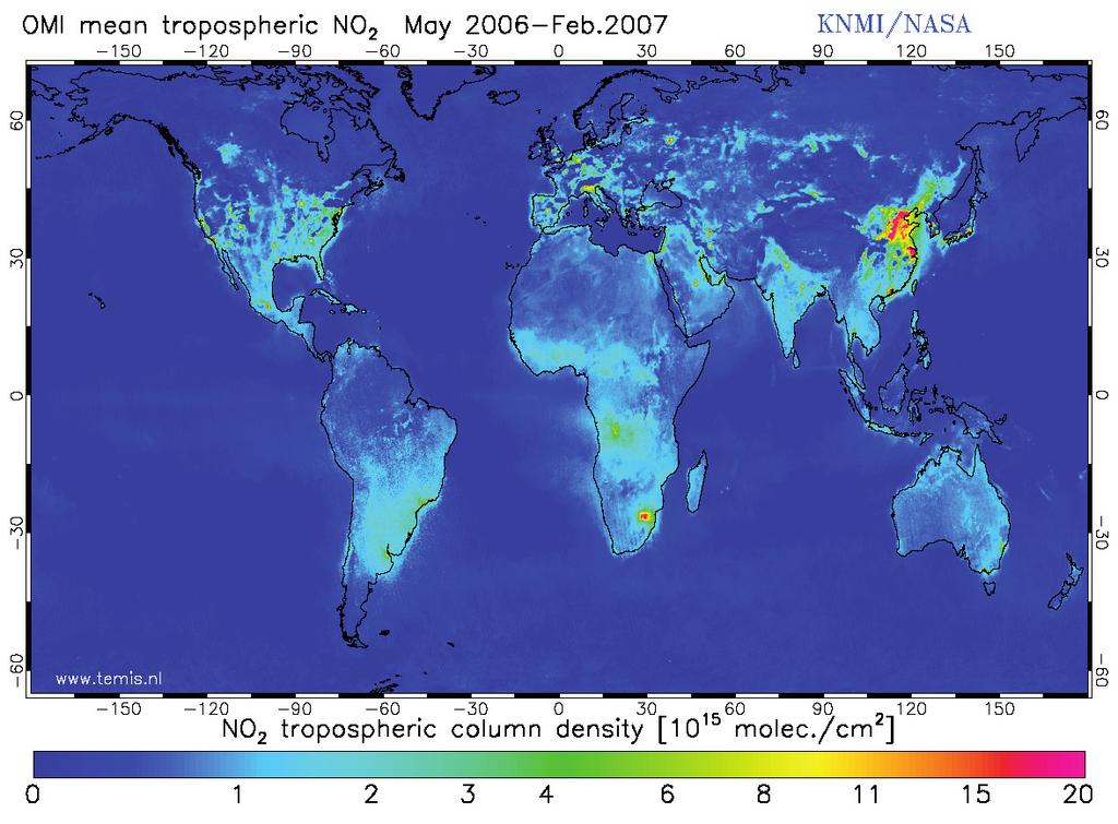 Figure 1. World map of the averaged tropospheric NO2 column measured by OMI in the period May 2006 till February 2007. Figure 2.