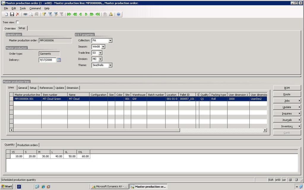 Figure 3. Use multiline production order functionality to set up a specific product with lines for color and size for each style once, and then automatically create production orders for each version.