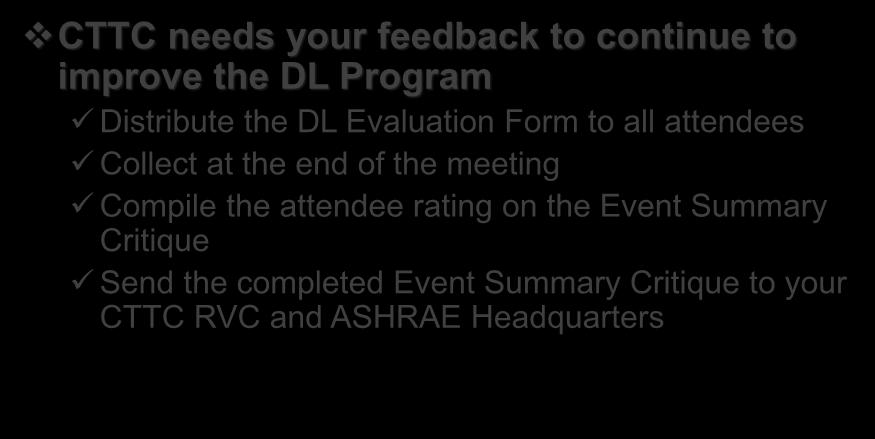 Complete the Distinguished Lecturer Event Summary Critique CTTC needs your feedback to continue to improve the DL Program Distribute the DL Evaluation Form to all attendees Collect at the end of the