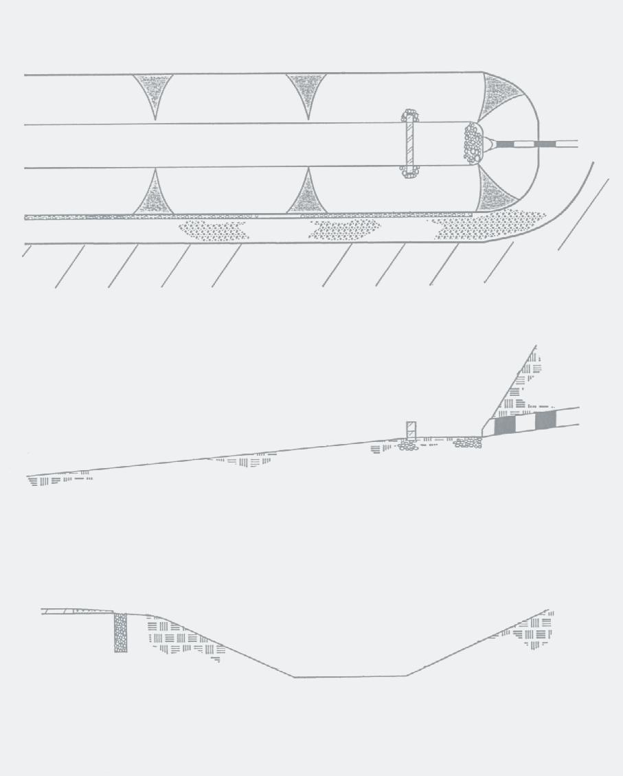 Figure 11-S8-1 Schematic of a Grass Drainage Channel A Riprap protection Side slopes Check dam Channel bottom Forebay Inflow Side slopes Pea gravel diaphragm Shoulder Road surface A Plan Treatment