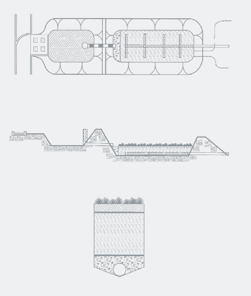 Figure 11-P4-1 Earthen Surface Sand Filter Bypass Flow diversion structure Underdrain collection system Filter bed Pretreatment sedimentation chamber Outflow Overflow spillway Plan View Flow