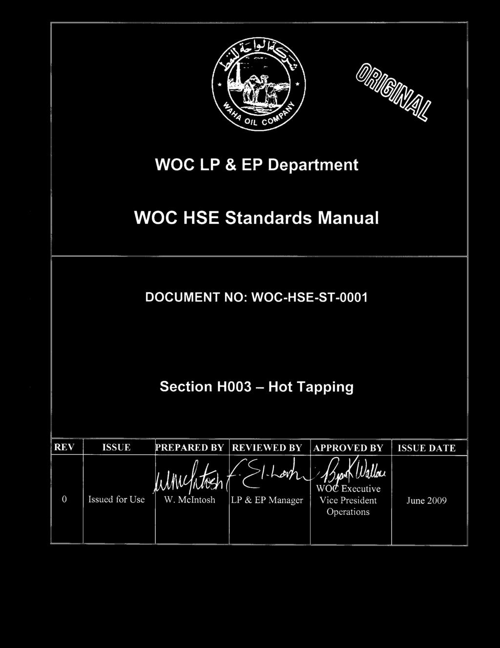 WOC-HSE-ST-0001 Section H003 Hot Tapping REV ISSUE PREPARED BY REVIEWED