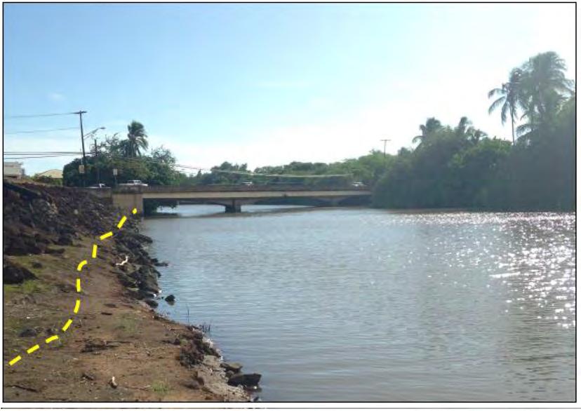 HANAPEPE RIVER BRIDGE, SHOWING MODIFICATIONS ON THE RIGHT BANK. NOTE: High tide line is shown by yellow lines.