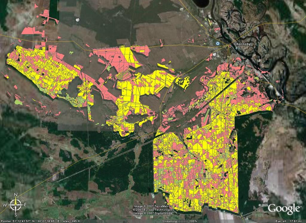 Figure 4. Google Earth image showing Ukraine Fire Risk Classification on Chornobyl landscape.