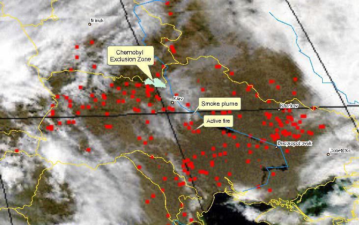 MODIS satellite image of fire locations (red dots) and