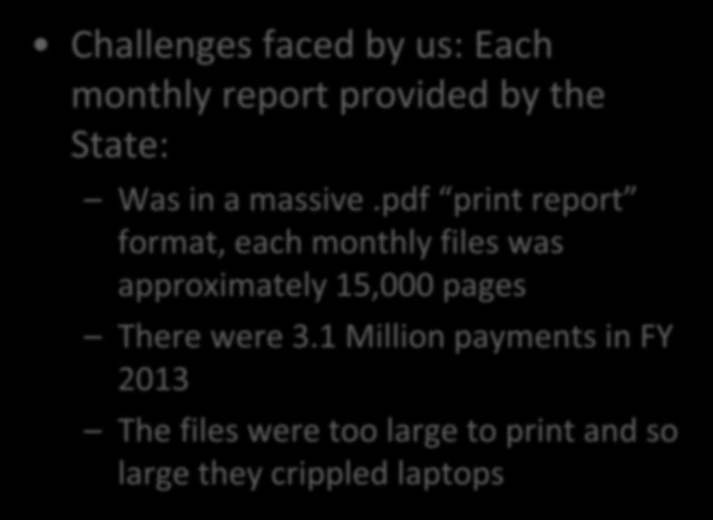 Cash Disbursement Testing: Objective - Test 3.1 Million Payments Totaling $7.0 Billion 123 ft 360,000 pages Challenges faced by us: Each monthly report provided by the State: Was in a massive.