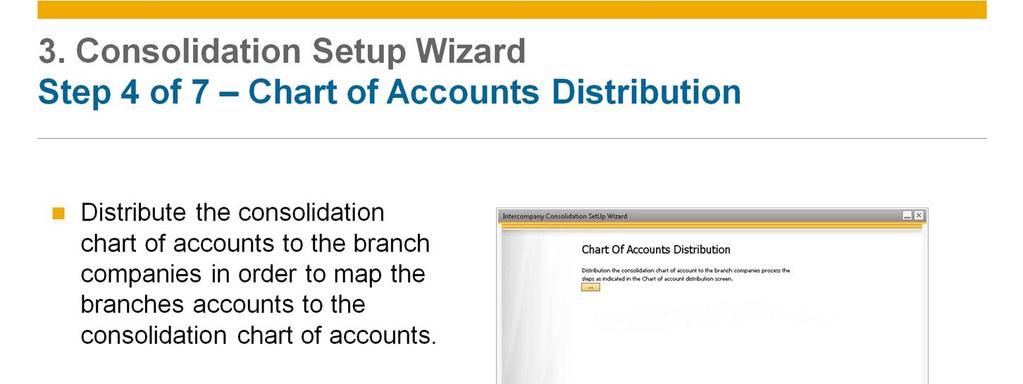 Once the consolidation chart of accounts is ready, you distribute it to the branch companies in order to map the branches accounts to the consolidation chart of accounts.