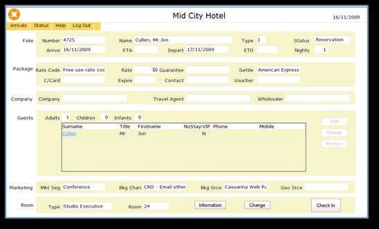 The main screen shows the expected check-ins for the specified day, so that users can quickly locate the reservation of the Guest that they wish to check in.