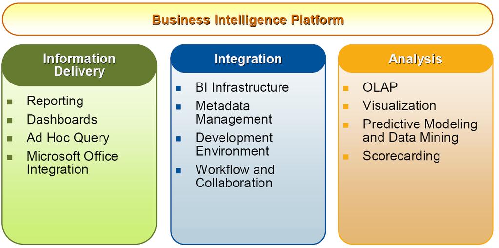 8 Software Platform Elements BI software options include: Reporting; dashboards; ad-hoc query, visualization. Analysis, especially pivot/olap. Advanced analytics, e.g., statistics and data mining.