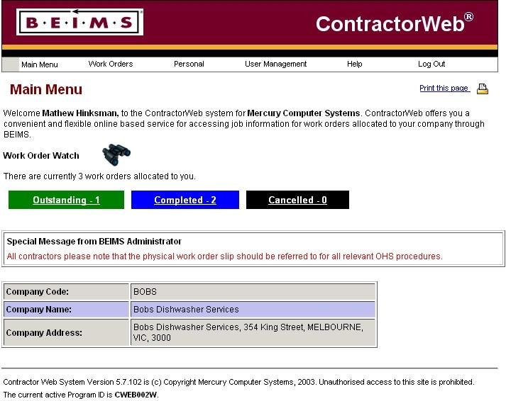 BENEFITS: Contractors have the ability to print Work Orders directly from the web No need for contractors or suppliers to contact maintenance to check on jobs allocated to their company Detailed job