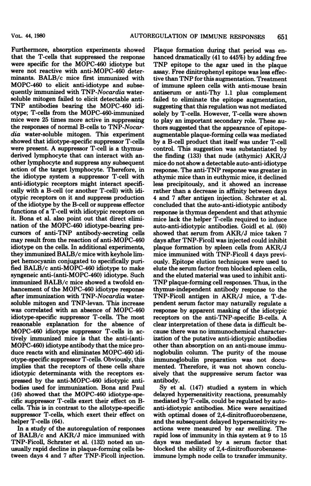 VOL. 44, 1980 Furthermore, absorption experiments showed that the T-cells that suppressed the response were specific for the MOPC-460 idiotype but were not reactive with anti-mopc-460 determinants.