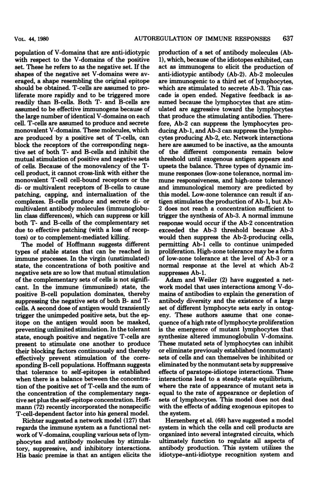 VOL. 44, 1980 population of V-domains that are anti-idiotypic with respect to the V-domains of the positive set. These he refers to as the negative set.